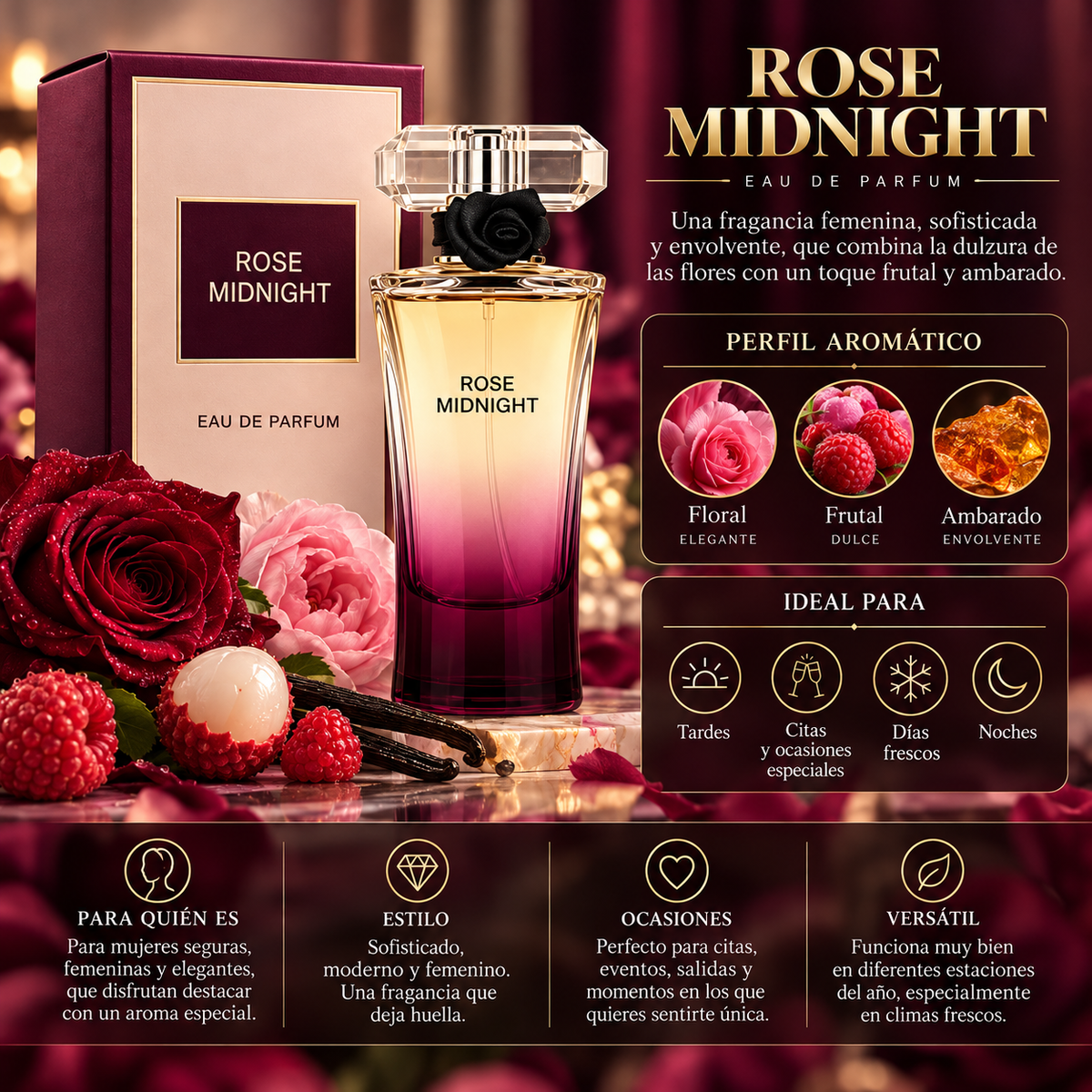Fragrance World Rose Midnigth EDP Mujer 80ml Inspirado en Trésor Midnight Rose de Lancôme