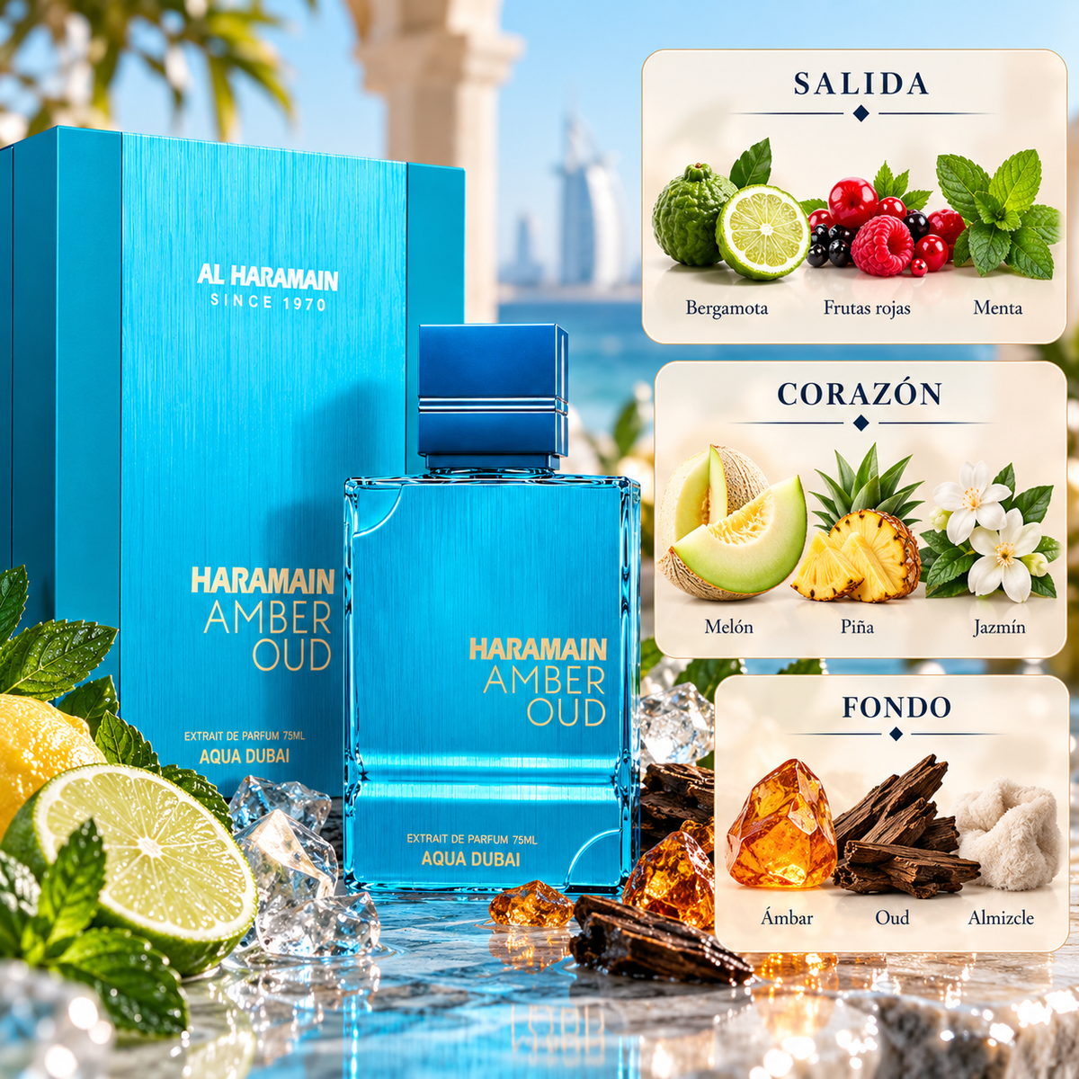 Al Haramain Amber Oud Aqua Dubai Extrait de Parfum Unisex 100 ml – Inspirado en Imagination de Louis Vuitton